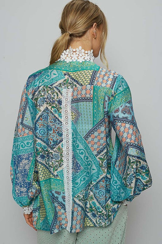 Women's Lace Detail Printed Button-Down Shirt | Semi-Sheer Polyester Design