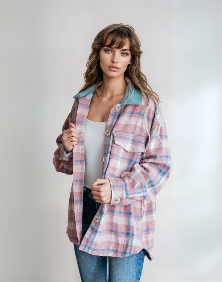 Plaid Shacket with Flap Pockets – Soft Polyester, Machine Washable