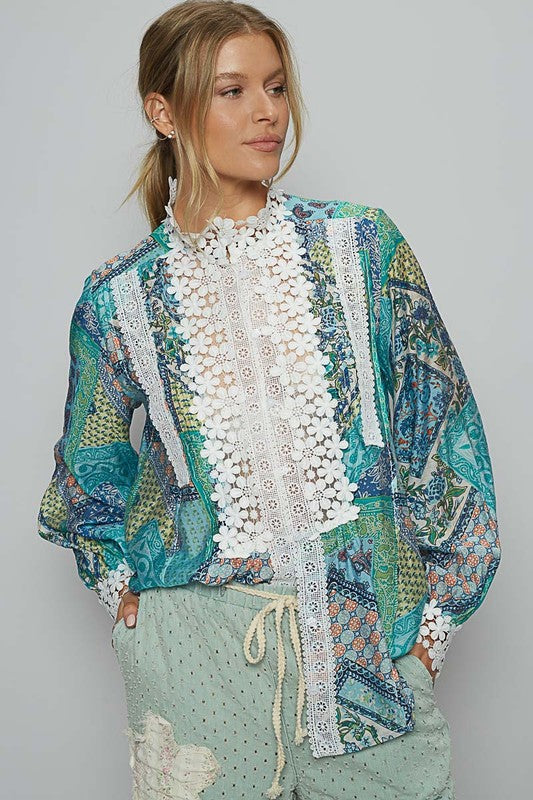 Women's Lace Detail Printed Button-Down Shirt | Semi-Sheer Polyester Design