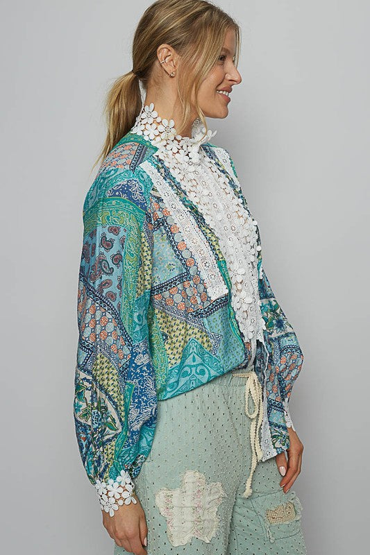 Women's Lace Detail Printed Button-Down Shirt | Semi-Sheer Polyester Design