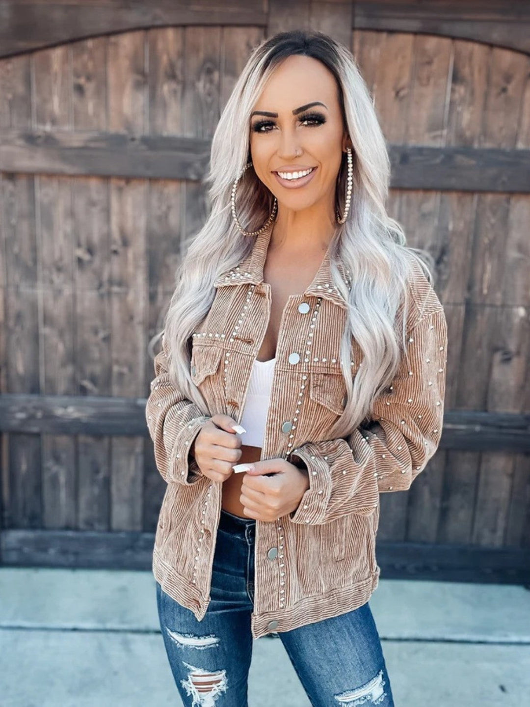 Studded Collared Button-Down Jacket –  Polyester, Machine Washable