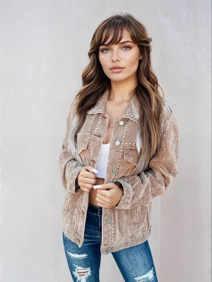 Studded Collared Button-Down Jacket –  Polyester, Machine Washable