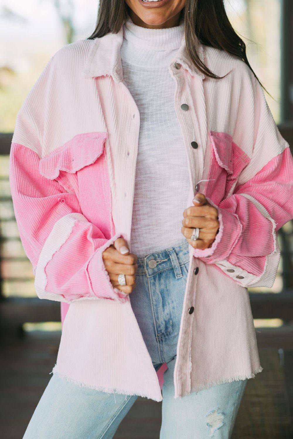 Two-Tone Corduroy Shacket with Pockets and Raw Hem – Cotton