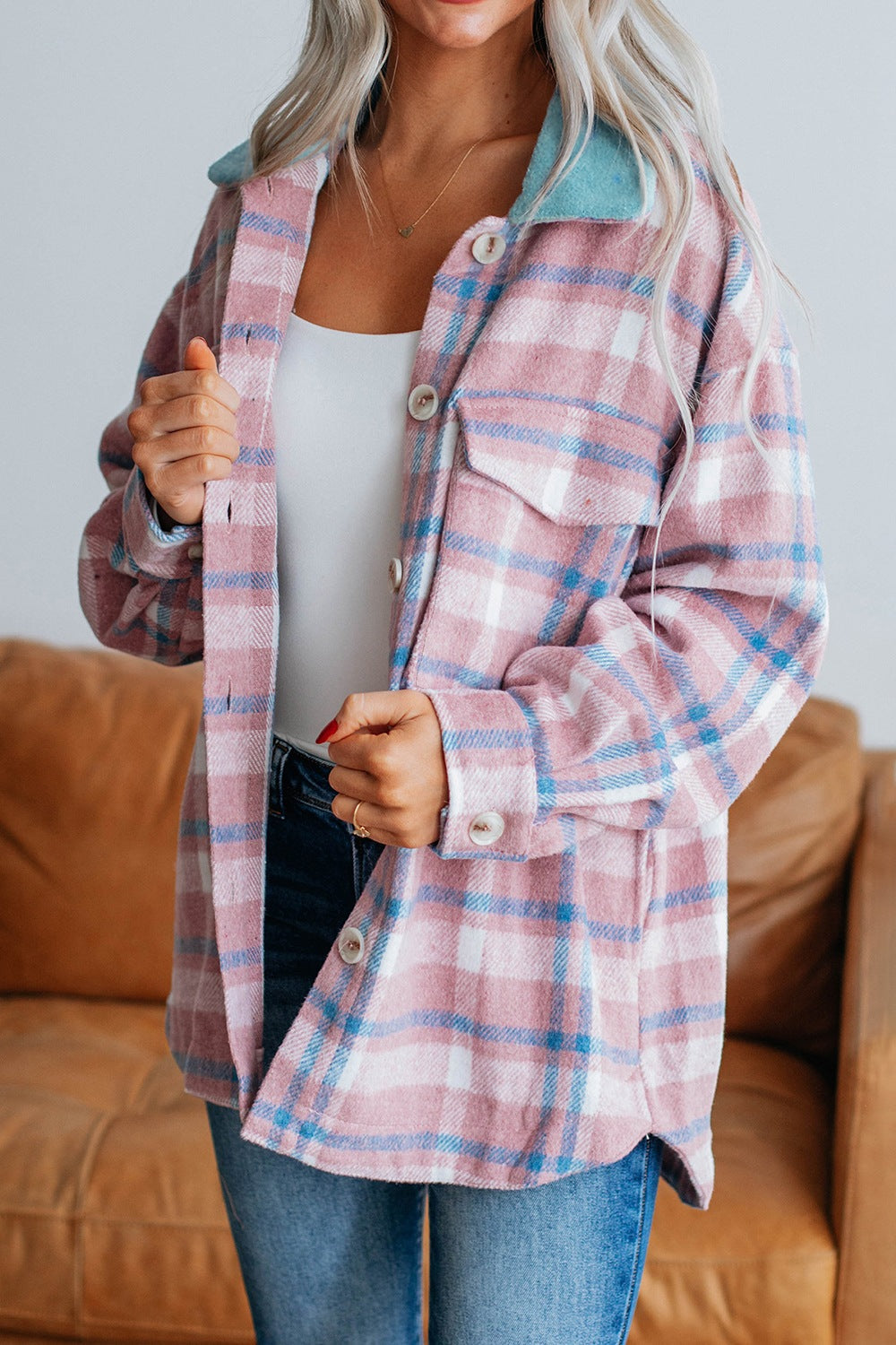 Plaid Shacket with Flap Pockets – Soft Polyester, Machine Washable