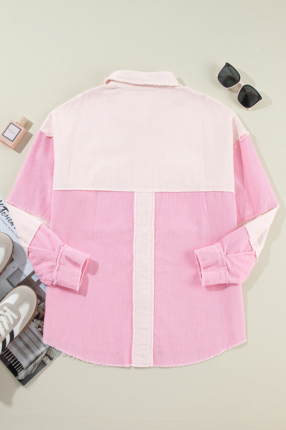 Two-Tone Corduroy Shacket with Pockets and Raw Hem – Cotton