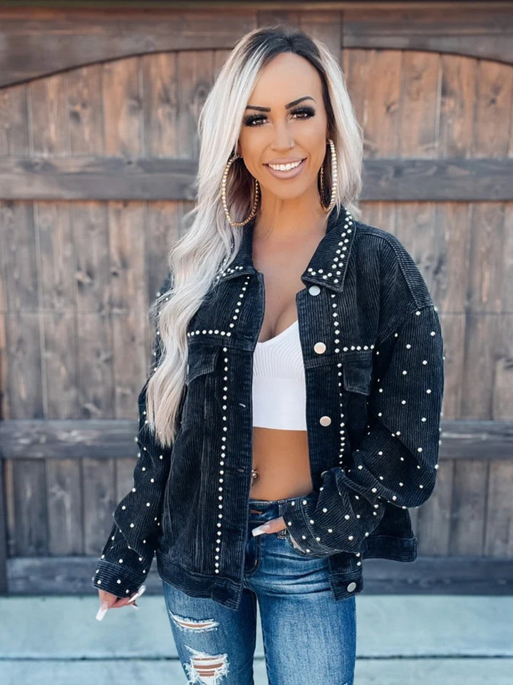 Studded Collared Button-Down Jacket –  Polyester, Machine Washable