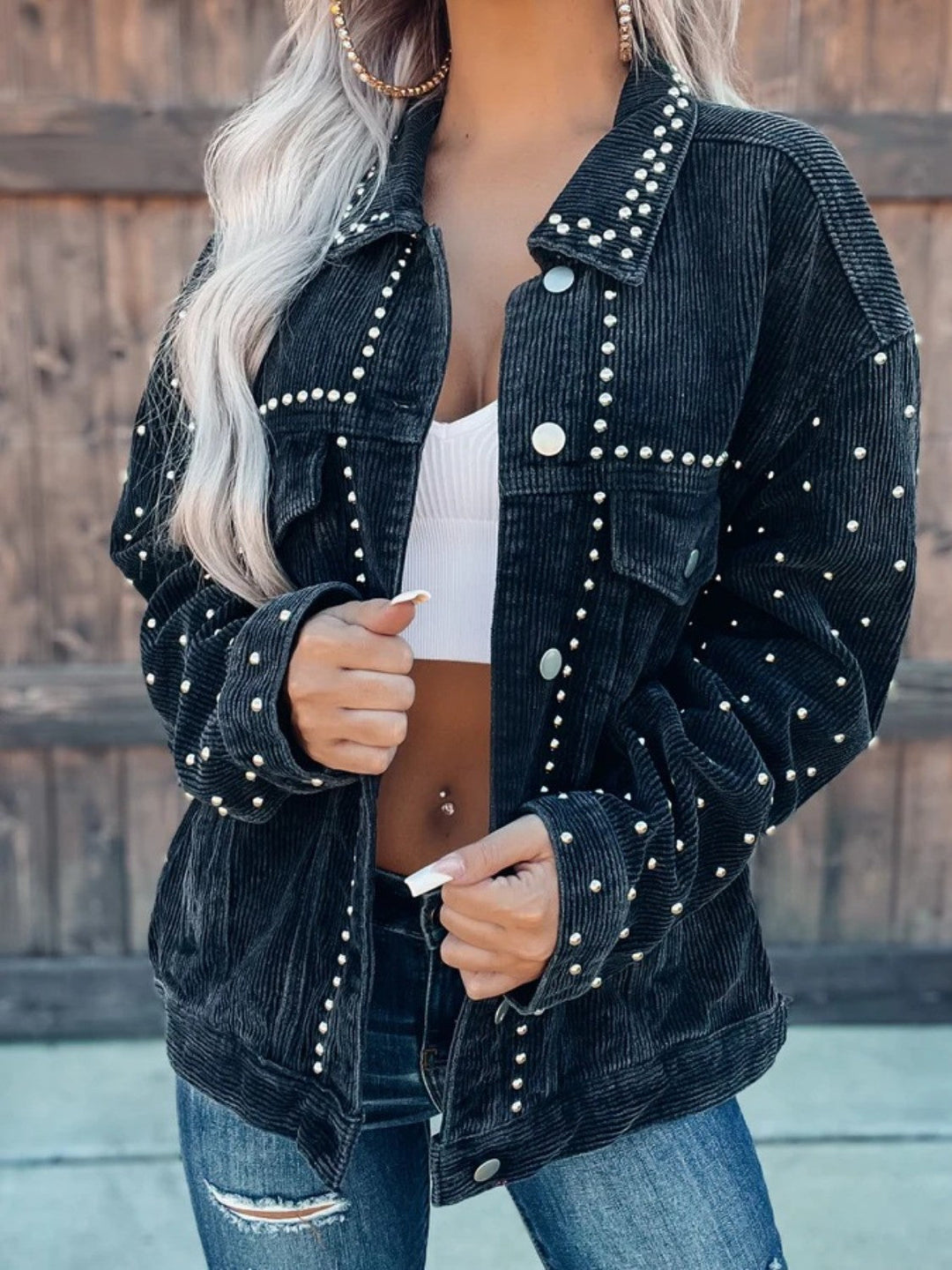 Studded Collared Button-Down Jacket –  Polyester, Machine Washable
