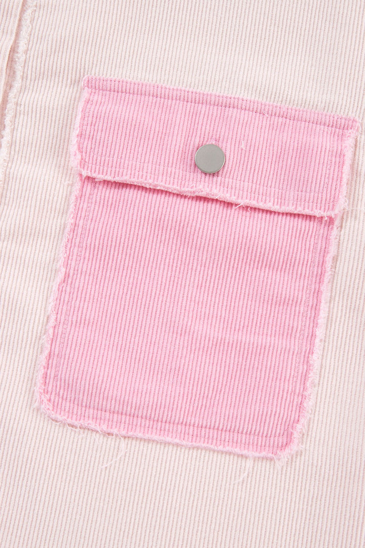 Two-Tone Corduroy Shacket with Pockets and Raw Hem – Cotton