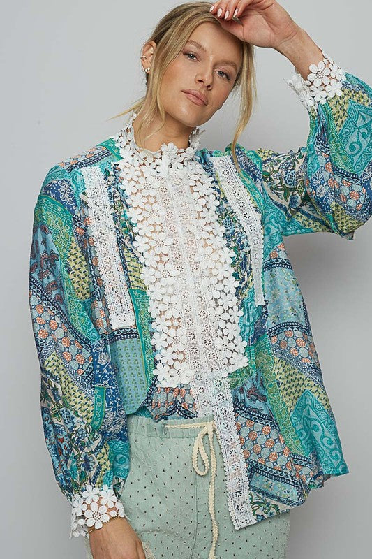 Women's Lace Detail Printed Button-Down Shirt | Semi-Sheer Polyester Design