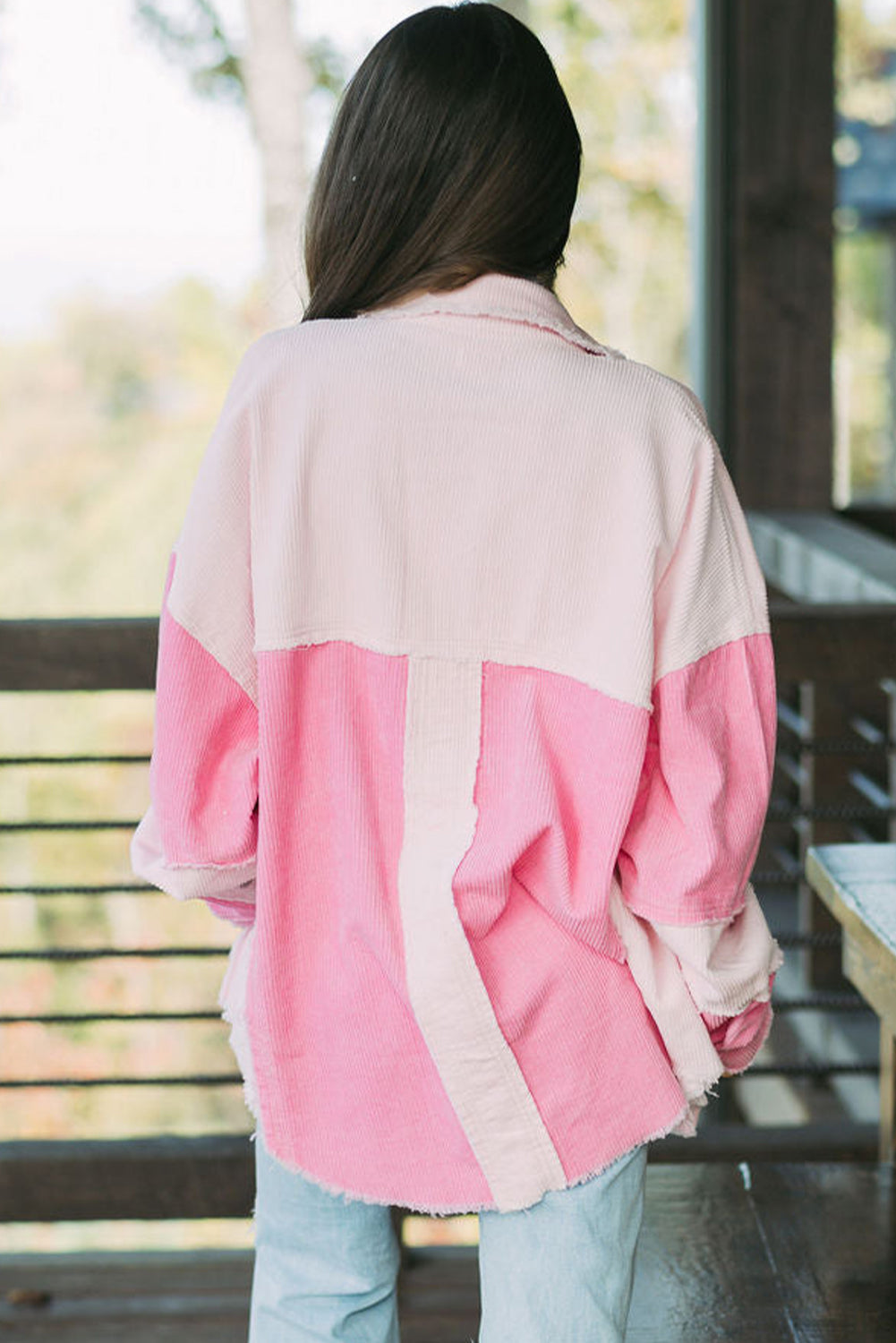 Two-Tone Corduroy Shacket with Pockets and Raw Hem – Cotton