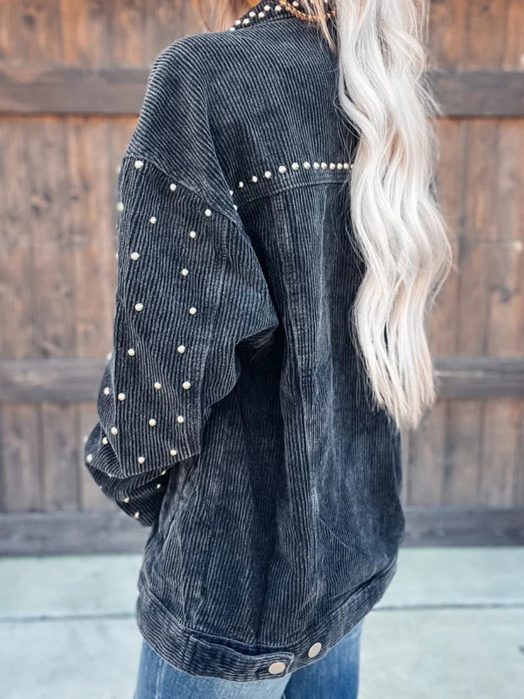 Studded Collared Button-Down Jacket –  Polyester, Machine Washable