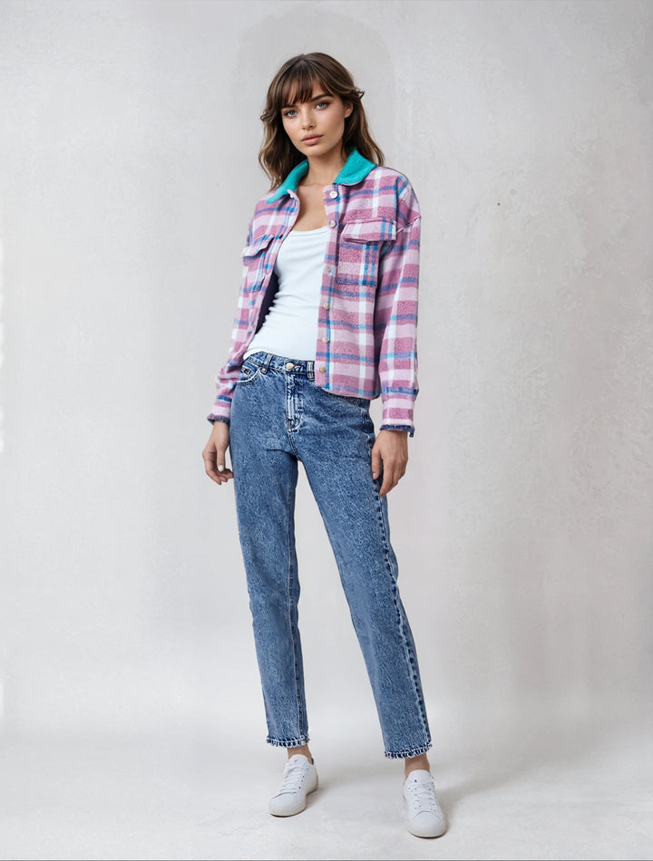 Plaid Shacket with Flap Pockets – Soft Polyester, Machine Washable