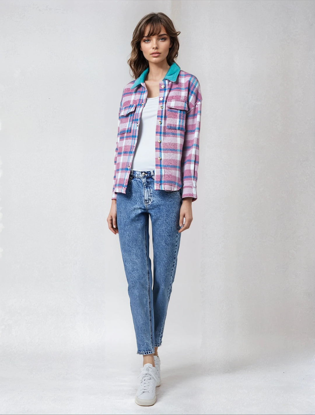 Plaid Shacket with Flap Pockets – Soft Polyester, Machine Washable