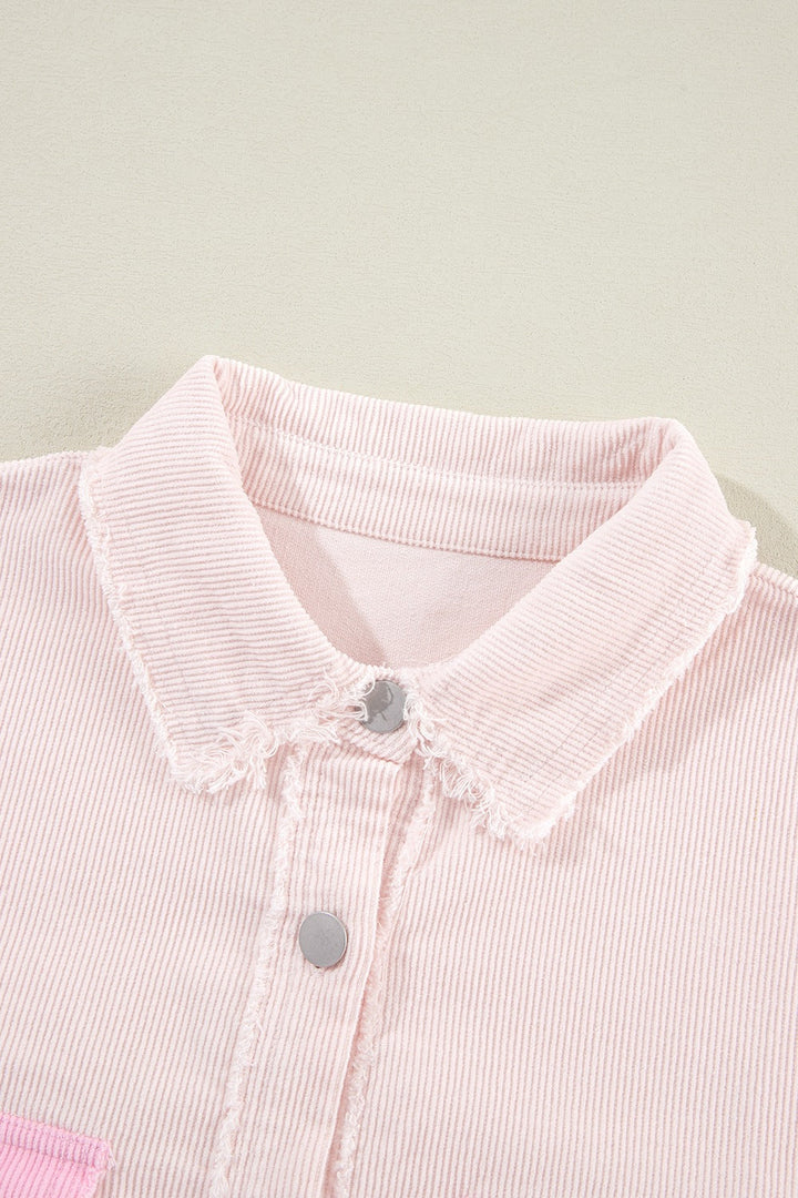 Two-Tone Corduroy Shacket with Pockets and Raw Hem – Cotton