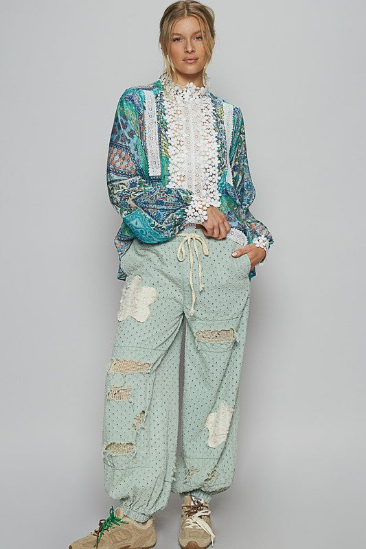 Women's Lace Detail Printed Button-Down Shirt | Semi-Sheer Polyester Design