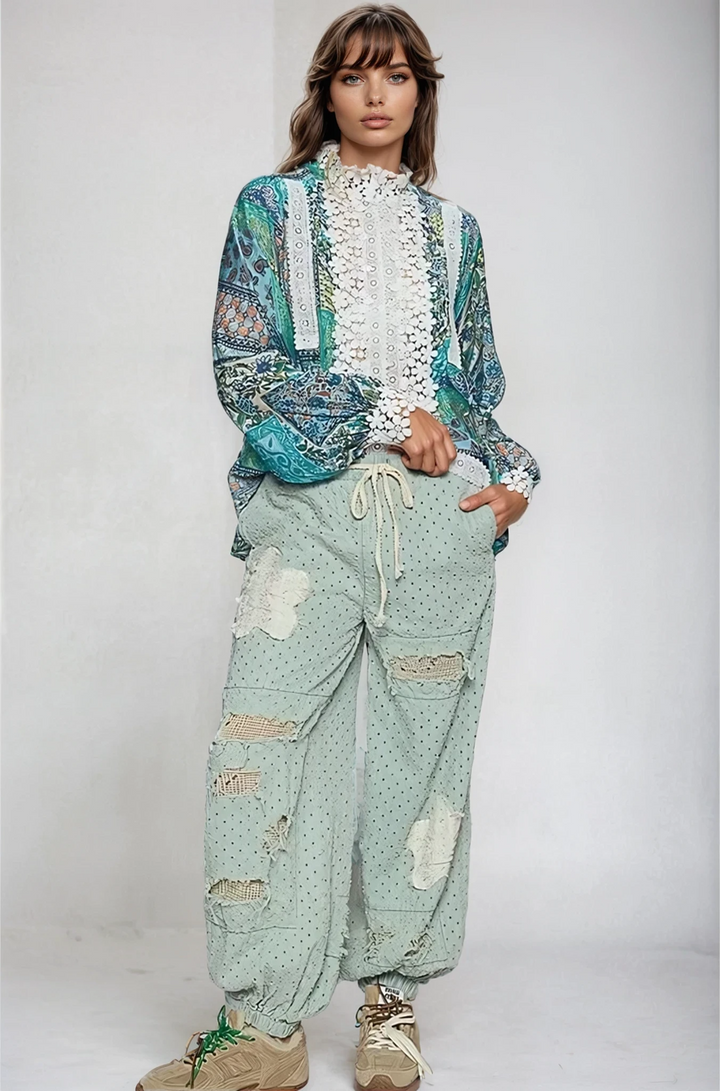 Women's Lace Detail Printed Button-Down Shirt | Semi-Sheer Polyester Design