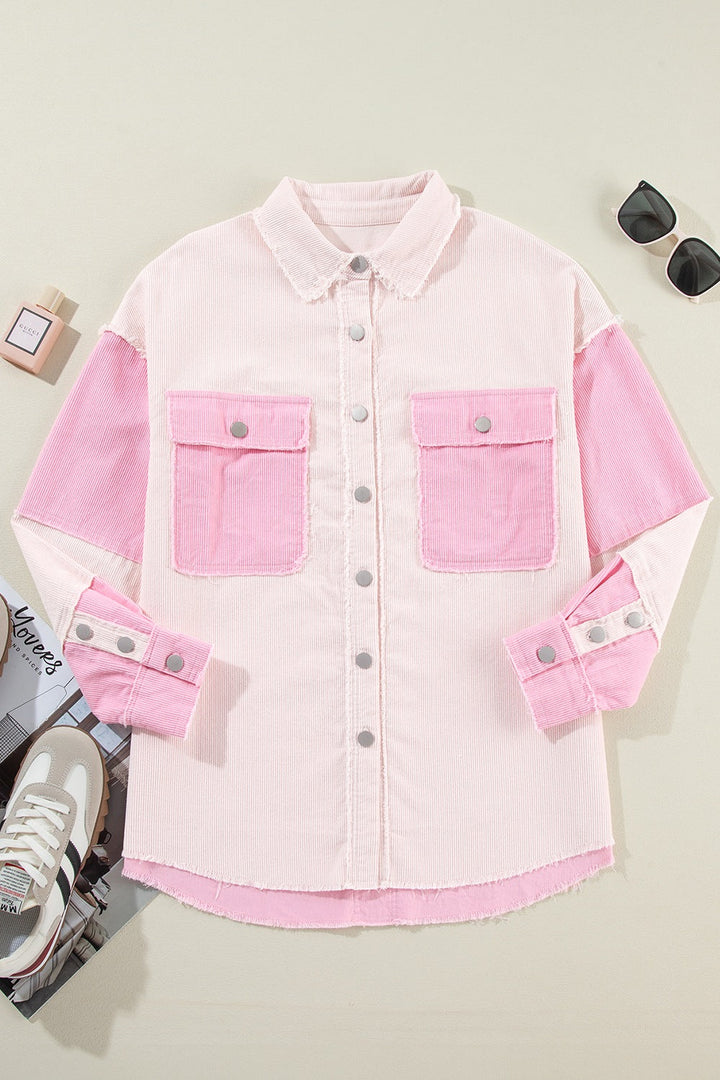 Two-Tone Corduroy Shacket with Pockets and Raw Hem – Cotton