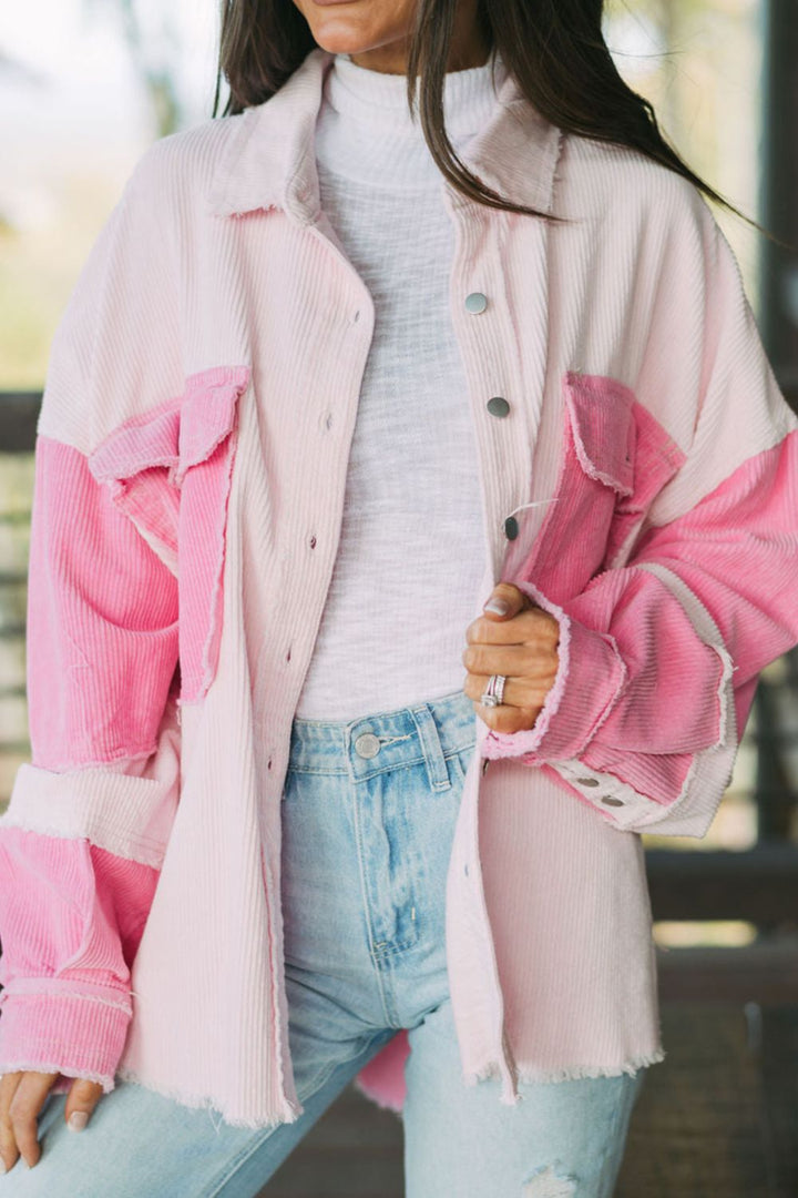 Two-Tone Corduroy Shacket with Pockets and Raw Hem – Cotton