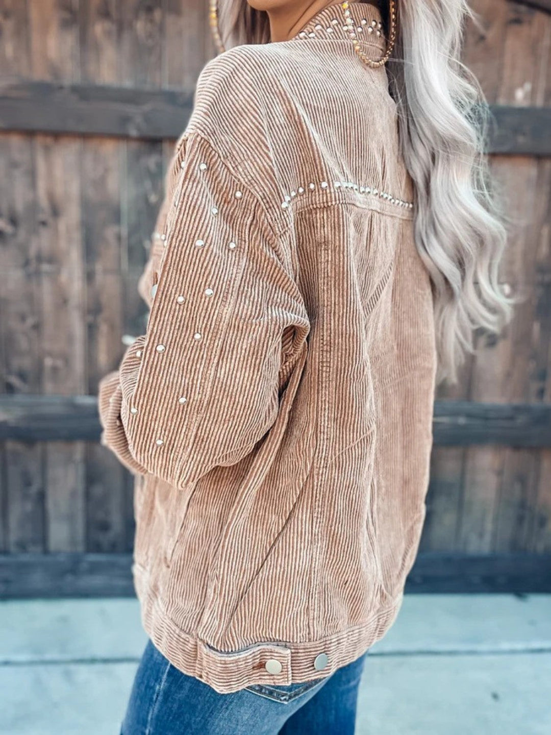 Studded Collared Button-Down Jacket –  Polyester, Machine Washable