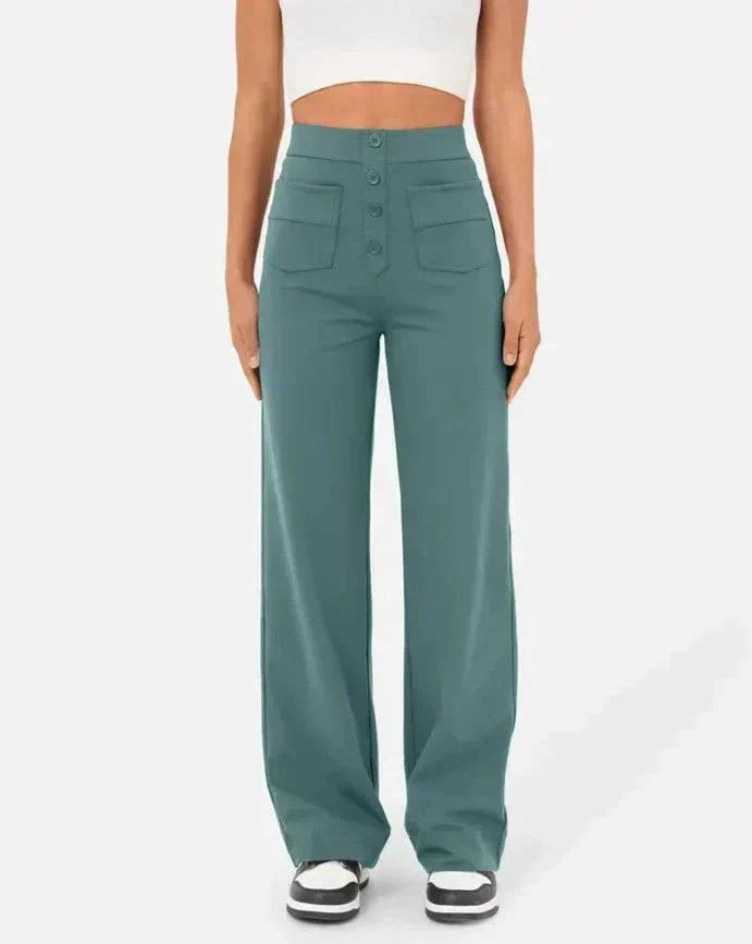 ANDY - High-Waisted Elastic Casual Pants with Button Details and Pockets